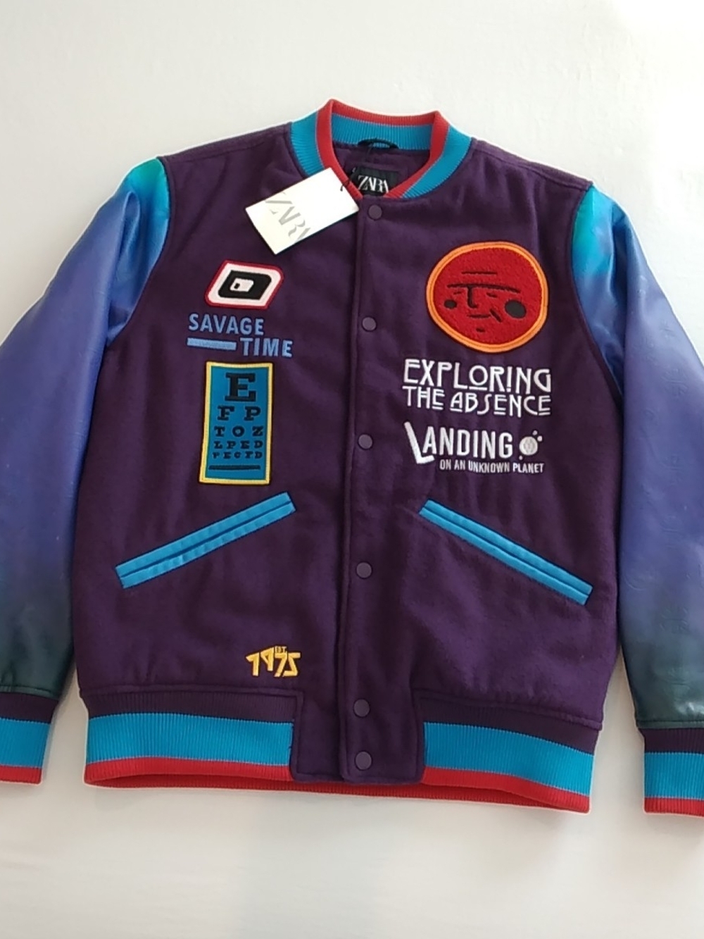 Zara Men's Purple Varsity Bomber Jacket with Blue Gradient Sleeves, Streetwear-S